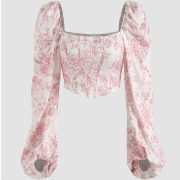 Cider Floral Crop Ribbed Long Puff Sleeve. Pink White. Size XS. #669 - Picture 4 of 6